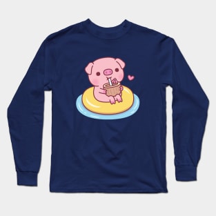 Cute Piggy Chilling On Pool Float And Drinking Coconut Water Long Sleeve T-Shirt